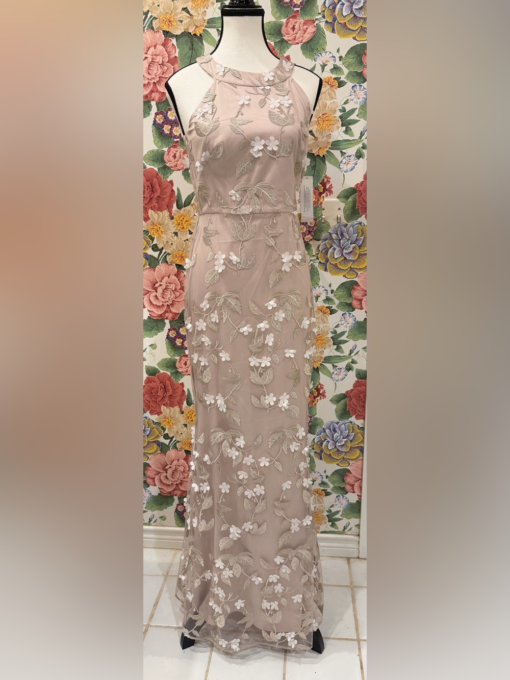 Eliza J Soft Pale Taupe Dress with Flowers